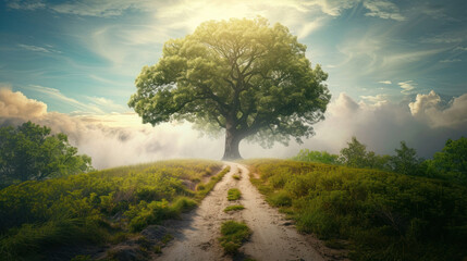 Abstract background of route and journey amidst the big tree and beautiful nature.
