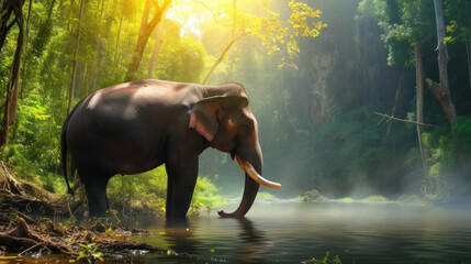 Fototapeta premium Wild elephant in the beautiful forest at Kanchanaburi province in Thailand. (with clipping path)