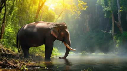 Poster de jardin  Wild elephant in the beautiful forest at Kanchanaburi province in Thailand. (with clipping path)  © Santy Hong