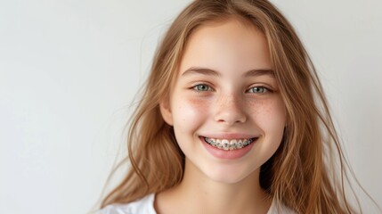 Cheerful young girl with braces smiling joyfully.