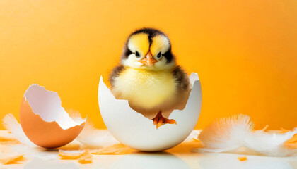 Closeup of a cute chick in a broken eggshell looking at camera, on a yellow and orange background with copy space. Generative Ai.