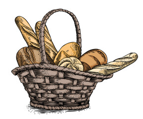 Drawing of bakery in the wicker basket