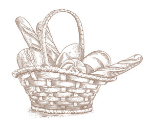 Drawing of bakery in the wicker basket