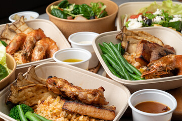 chicken, steak, fork, pork, hamburger, shrimp, combo, triple compo, salad, chicken breast, ricotta,