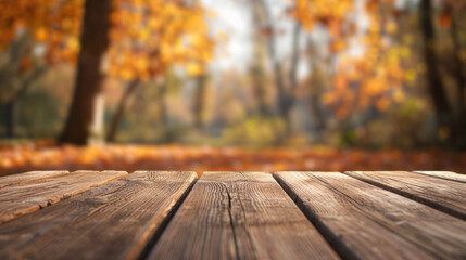 Naklejka na ściany i meble The empty wooden table top with blur background of autumn. Exuberant image.