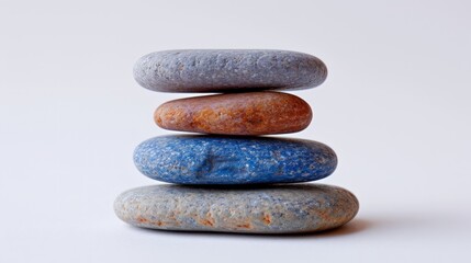Fototapeta na wymiar Pebbles balancing on white background. Sea pebble. Colorful pebbles. For banner, wallpaper, meditation, yoga, spa, the concept of harmony, balance. Copy space for text