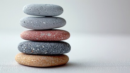 Pebbles balancing on white background. Sea pebble. Colorful pebbles. For banner, wallpaper, meditation, yoga, spa, the concept of harmony, balance. Copy space for text