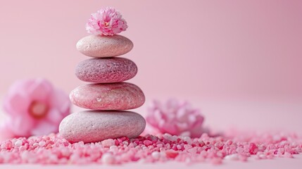 Obraz na płótnie Canvas Pebbles balancing on a beach, with flowers background. Sea pebble. Colorful pebbles. For banner, wallpaper, meditation, yoga, spa, the concept of harmony, balance. Copy space for text