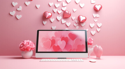 Paper shopping bag with love hearts with laptop. Banner idea for Valentine's Day bags with heart, computer place for sale or promotions. 3d rendering

