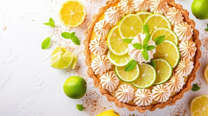 Delicious key lime pie and lemon meringue tart beautifully displayed on a pristine white surface - obrazy, fototapety, plakaty