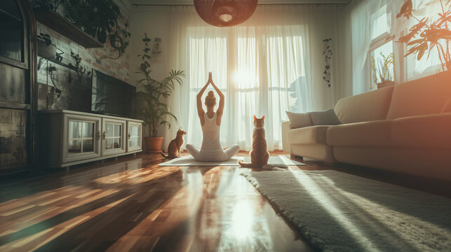 mom and pet cats is doing yoga in their living room, bright light condition, cat is watching