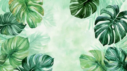 Watercolor Monstera Leaf. Cute watercolor Philodendron tropical leaves. Banner, wallpaper, green background, exotic tropical wall, abstract floral pattern, illustration.