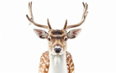 Close-up of a deer with antlers, showcasing its beautiful spotted fur and expressive eyes, isolated on white background.