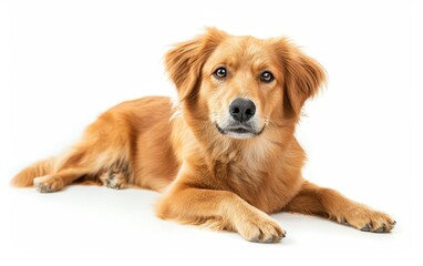 A golden retriever dog lying down, its face obscured, isolated on white background.