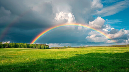 Beautiful rainbow under the meadow. 