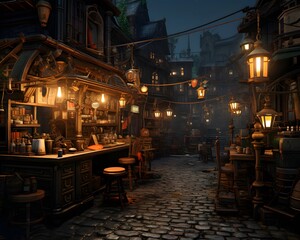 Street cafe in the old city at night. 3d rendering.