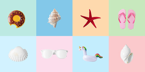 Creative colorful background with different summer things. Minimal summer concept.