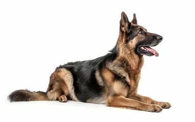 A German Shepherd dog laying down, looking to the side, isolated on a white background.