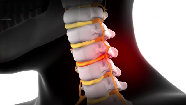 Cervical disc herniation causing neck pain, 3d animation