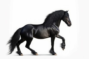 Obraz na płótnie Canvas Prancing black regal stallion on white background. Majestic dark haired horse animal galloping. Generate ai