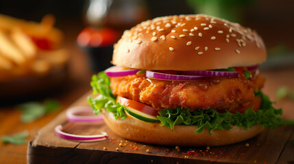 Buttermilk Chicken Burger Recipe with onions, chillies, lettuce, cheese and barbecue sauce inside a soft pillowy brioche bun. Banner with copy space and dark background.
