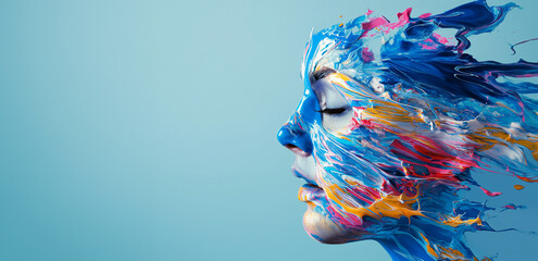 face made from colorful paint splatters, poured dripping down isolated on plain blue background with copy space - obrazy, fototapety, plakaty