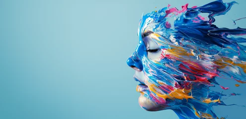Fotobehang face made from colorful paint splatters, poured dripping down isolated on plain blue background with copy space © Ricky