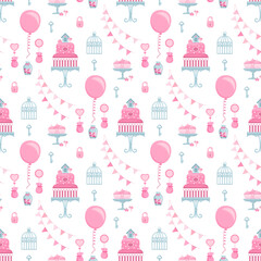 Seamless festive pattern with cake, balls, birds, triangle flags and decorative elements.