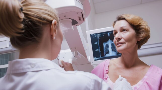 Nurse Assisting Patient Undergoing Mammogram In the Hospital,  Female Patient Undergoing Mammogram Screening Procedure. Healthy Young Female Does Cancer Preventive Mammography Scan. Modern Hospital.