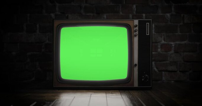 Turn on the retro TV with noise at the beginning, and switch to a green screen. Night horror climate. luma matte and chroma key included. 3d render