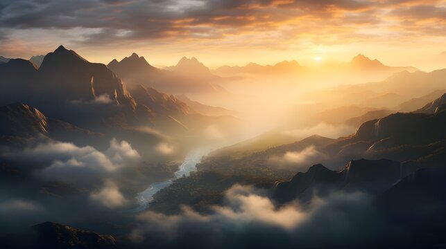 Panoramic view of the mountains in the clouds. Sunrise.