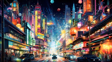 Night city panorama with road and cars. 3d illustration.