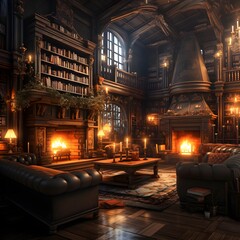 Interior of a library with a fireplace. 3D rendering.