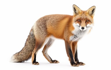 Obraz premium A vivid, detailed image of a standing fox, showcasing its rich fur and intense gaze, isolated on a white background.
