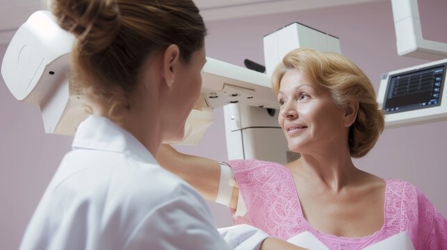 Nurse Assisting Patient Undergoing Mammogram In the Hospital,  Female Patient Undergoing Mammogram Screening Procedure. Healthy Young Female Does Cancer Preventive Mammography Scan. Modern Hospital.