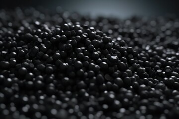 Black plastic pellets heap closeup. Grained polymer recycling particles pile. Generate ai