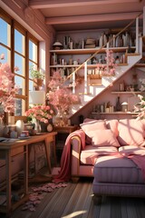 modern living room with pink sofa and bookshelf, panorama