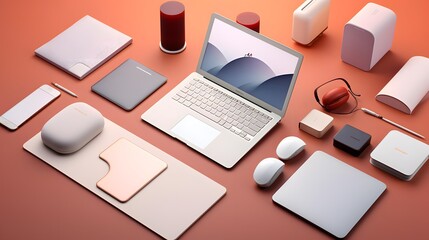 Laptop and office supplies on a brown background. 3d rendering