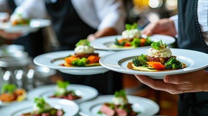 Waiter serving delicious meat dishes at a festive event or elegant wedding reception in a restaurant