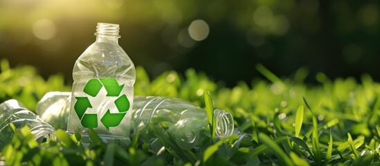 Close-up of plastic and household chemicals waste with green recycle symbol on grass represents the recycling concept connected to sustainability and ecology.