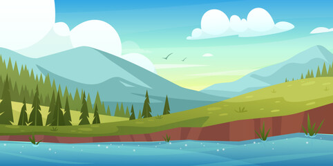 Mountain lake landscape. Vector illustration of spring summer nature with field, lake, river, forest, pine trees, grasslands meadow. Green hills and valley panorama. Tourist direction. Spring time