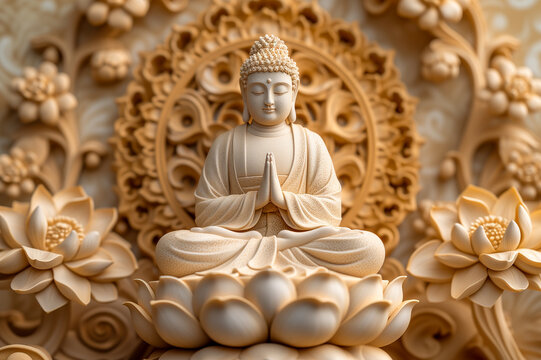 Buddha statue with flower background, closeup of photo.