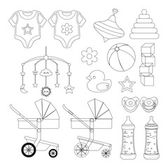 Fototapeta premium Children's elements set. Stroller, pacifier, bottle, sliders, cubes, pyramid. Vector illustration.