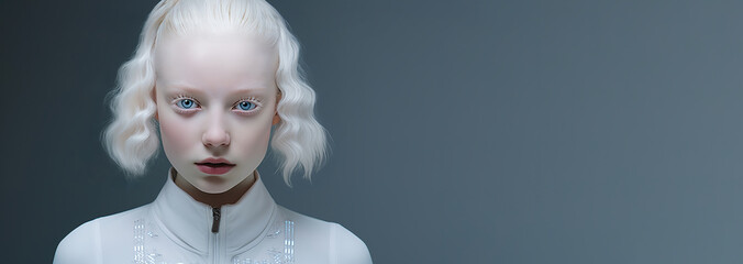 Portrait of an albino girl with white hair and eyelashes, blue eyes, concept of creating special people in a futuristic future