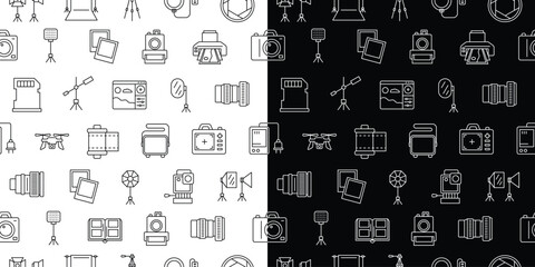 Photo and Photography Studio Sign Black Thin Line Icon Seamless Pattern Background Set Include of Tripod and Camera. Vector illustration of Icons