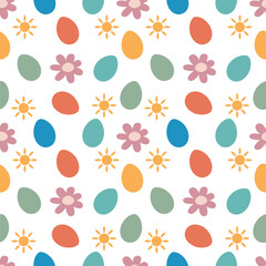 Seamless Easter pattern. Multi-colored Easter eggs, sun and flowers. For packaging, wrapping paper, textiles