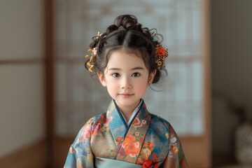 little asian girl in traditional japanese kimono looking at camera