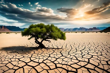 Global warming concept. Lonely green tree under dramatic morning  sky at drought cracked desert landscape