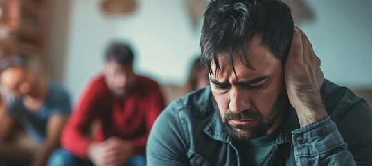 Depressed man finding solace at mental health and addiction support group with copy space
