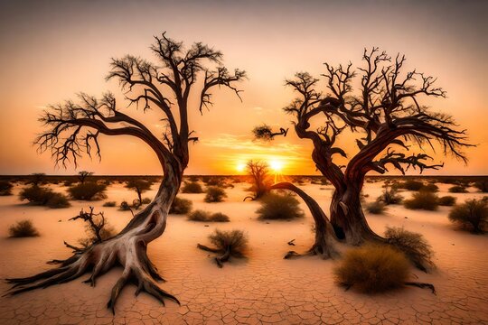 Sunset shot of a dead kameeldoring tree in the Kalahari Desert